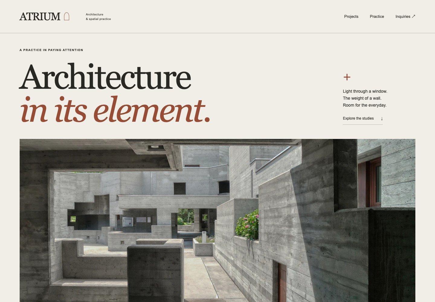 Cream architecture layout with oversized serif text above a wide concrete-building photograph.