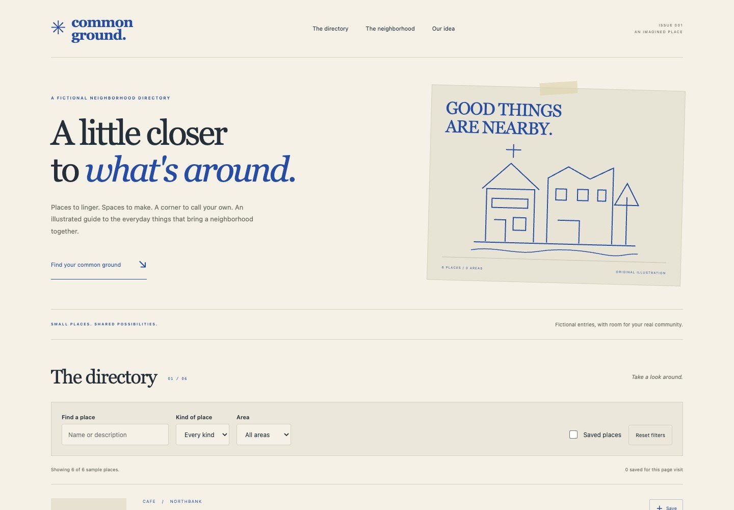 Cream directory layout with blue serif headings, a sketched neighborhood card, and search filters.