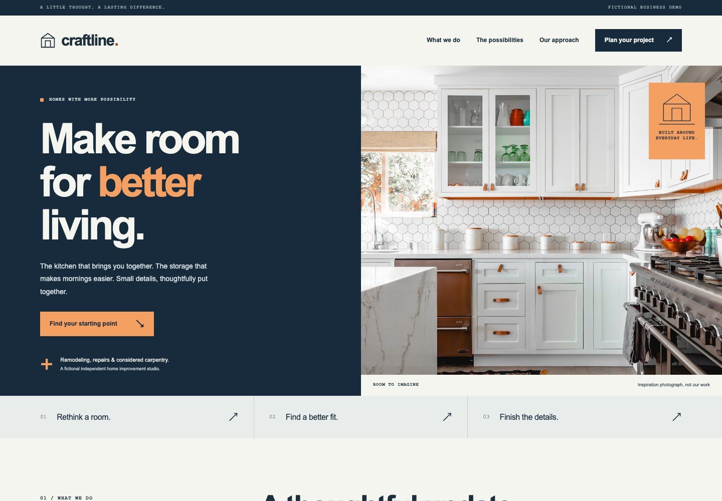Home-services layout with an overlapping navy text panel, orange accents, and a bright kitchen photograph.