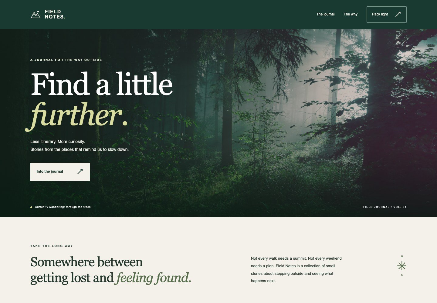 Forest-green journal header above a wide woodland photograph with overlaid serif text.
