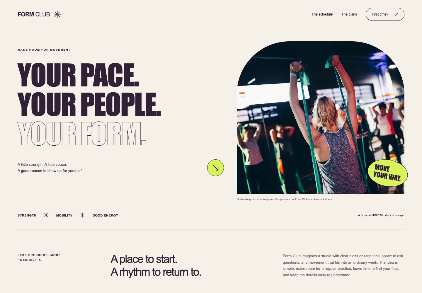 Cream fitness layout with bold stacked lettering, lime accents, and a rounded group-exercise photograph.