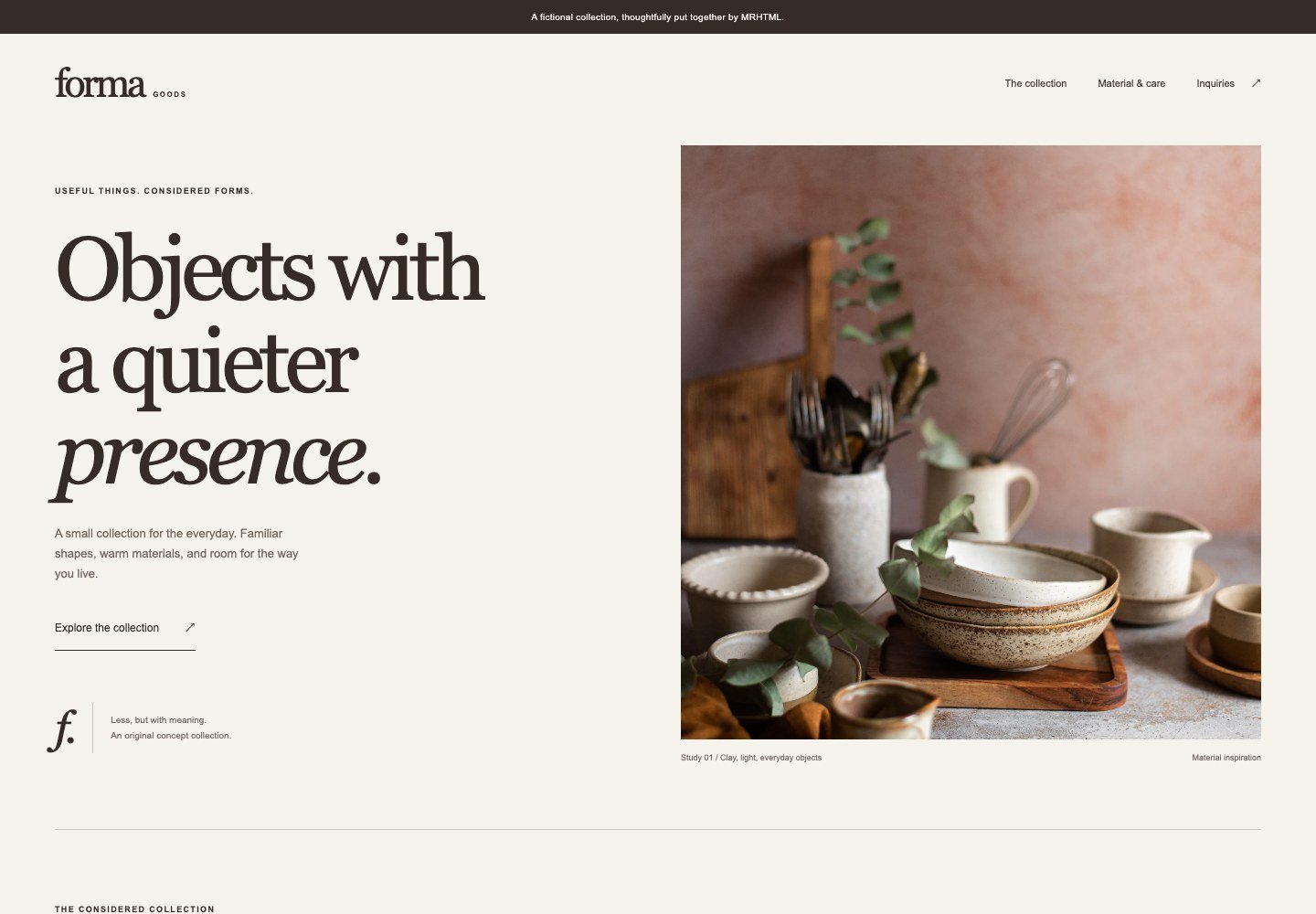 Warm cream catalog layout with large serif text beside a still-life photograph of ceramic tableware.