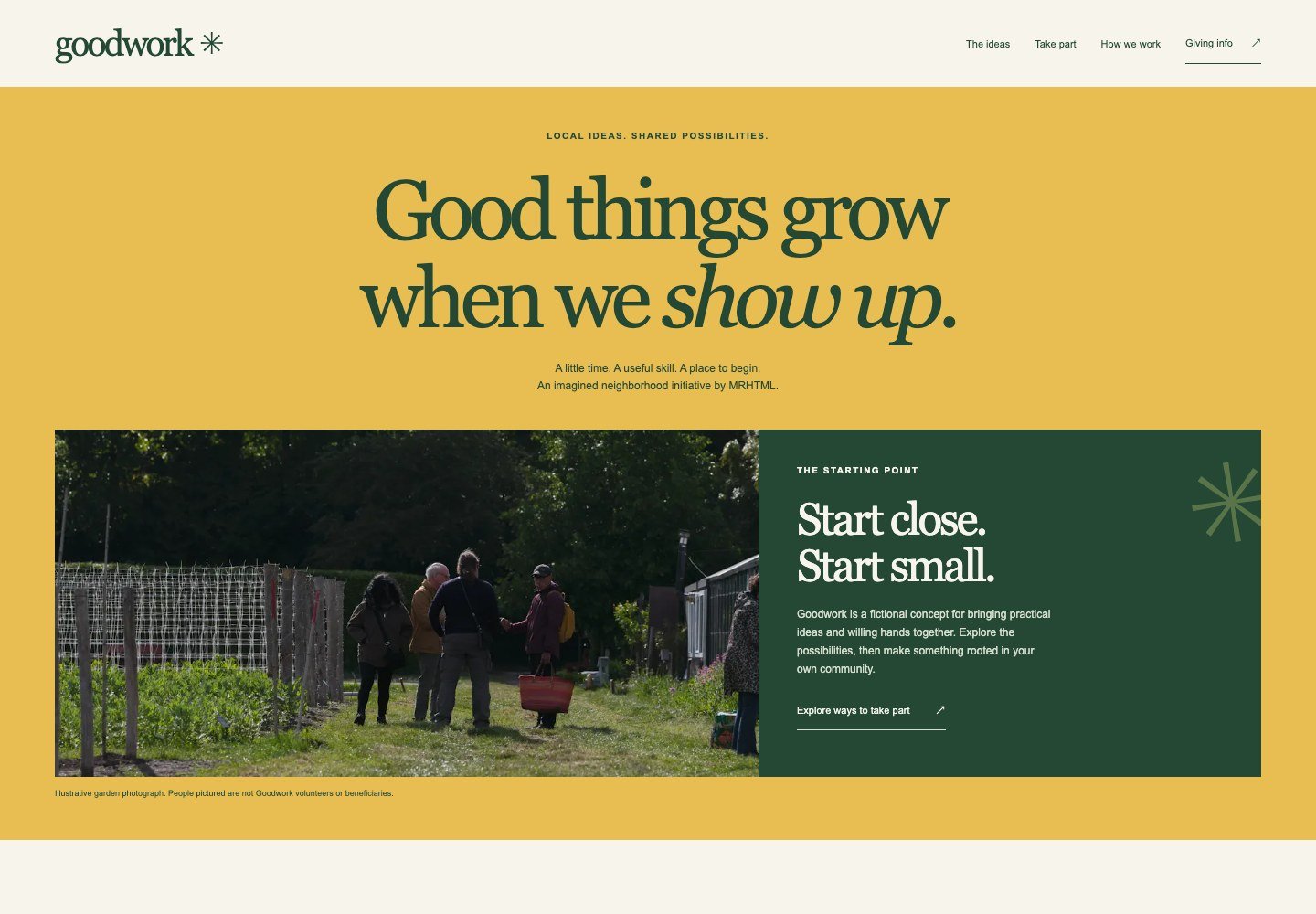 Golden-yellow community layout with a centered green headline above a garden photograph and green text panel.