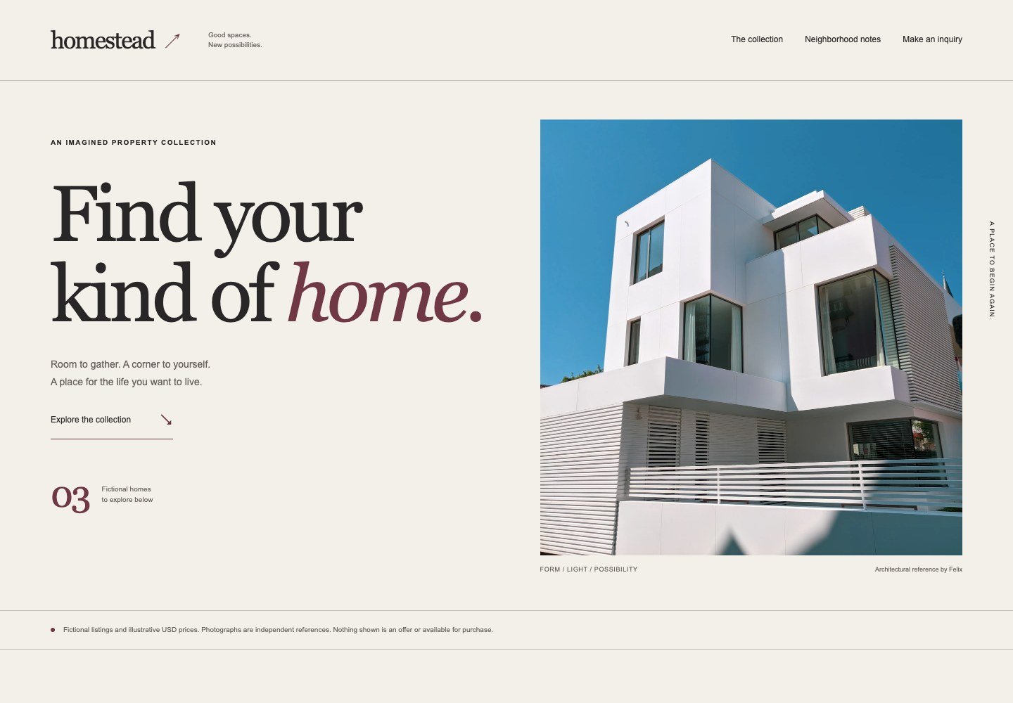 Cream property layout with a large serif headline and a white modern house photograph against blue sky.
