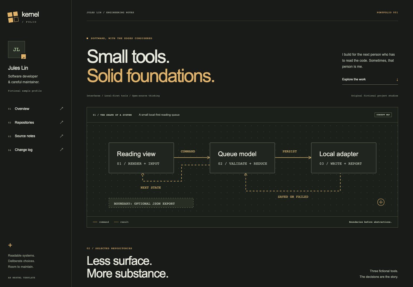 Dark developer portfolio with a left sidebar, amber headings, and a three-part architecture diagram.