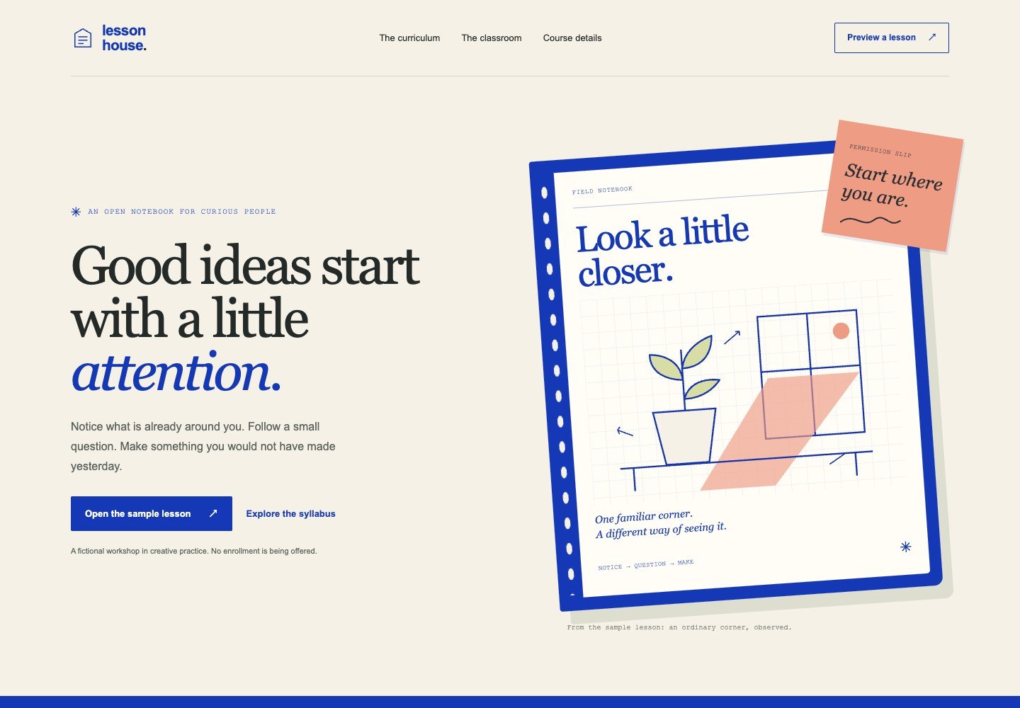 Cream course layout with blue accents and a tilted illustrated notebook beside serif text.