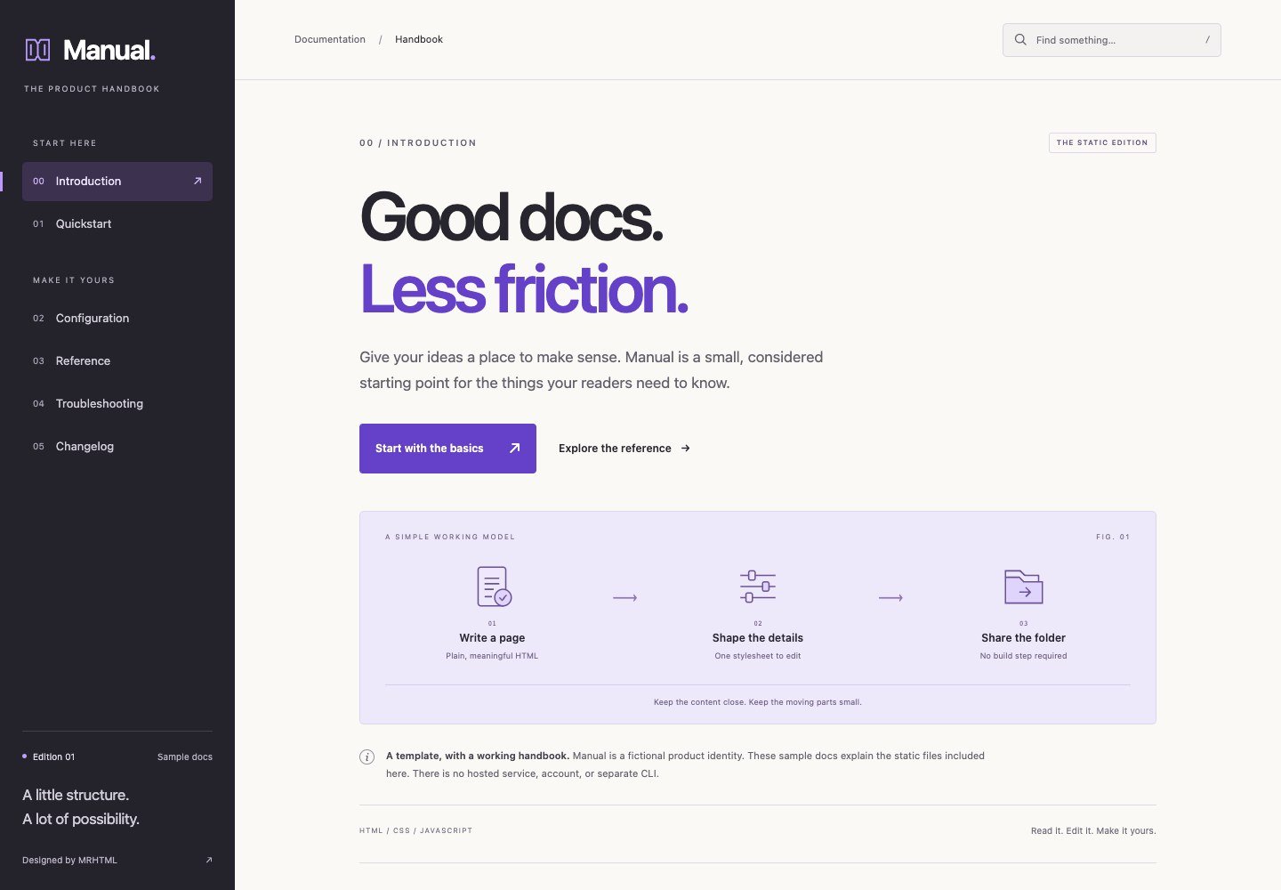 Documentation layout with a dark sidebar, violet accents, and a three-step diagram on a pale page.