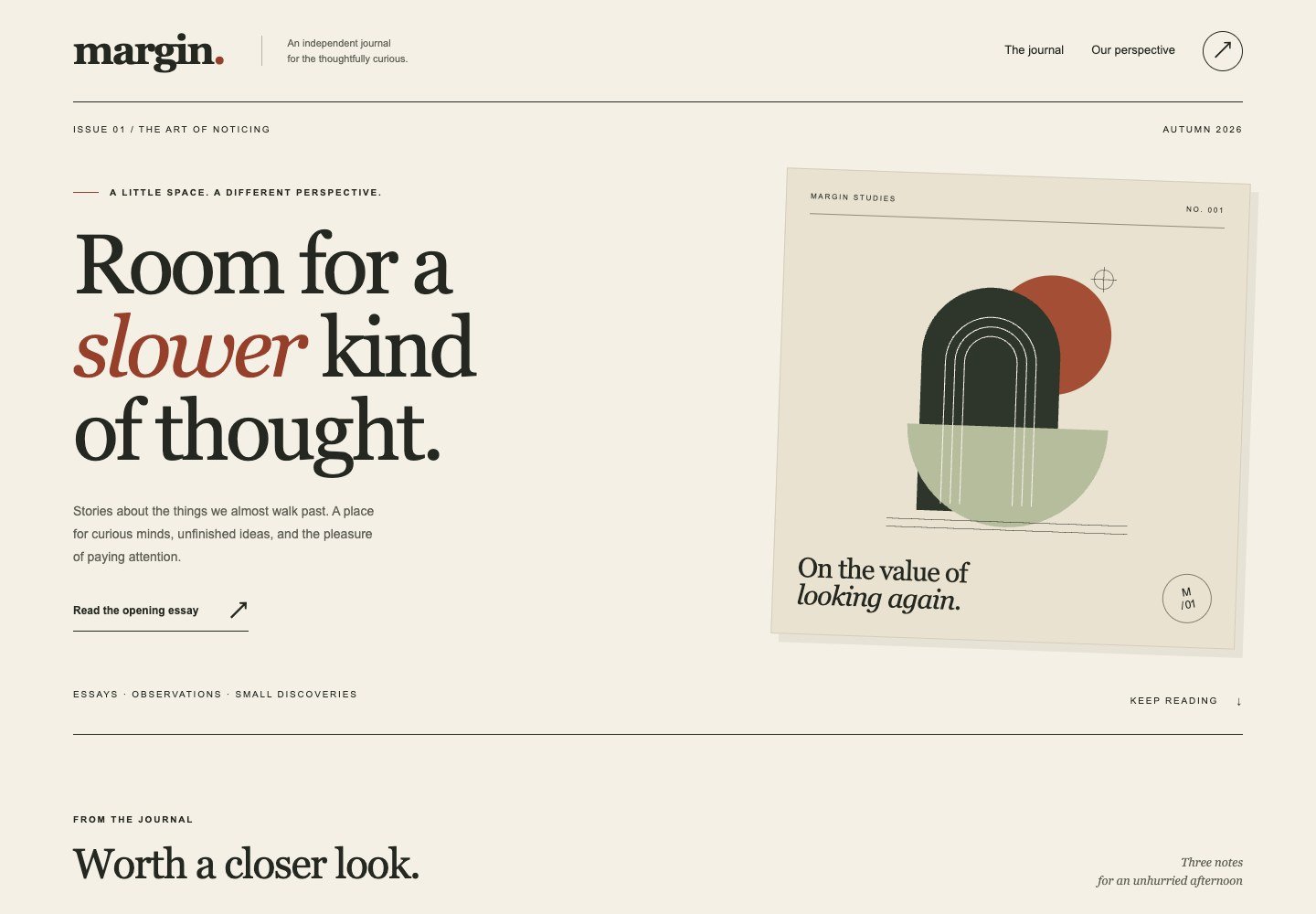 Cream journal layout with large serif text beside a layered geometric cover illustration.