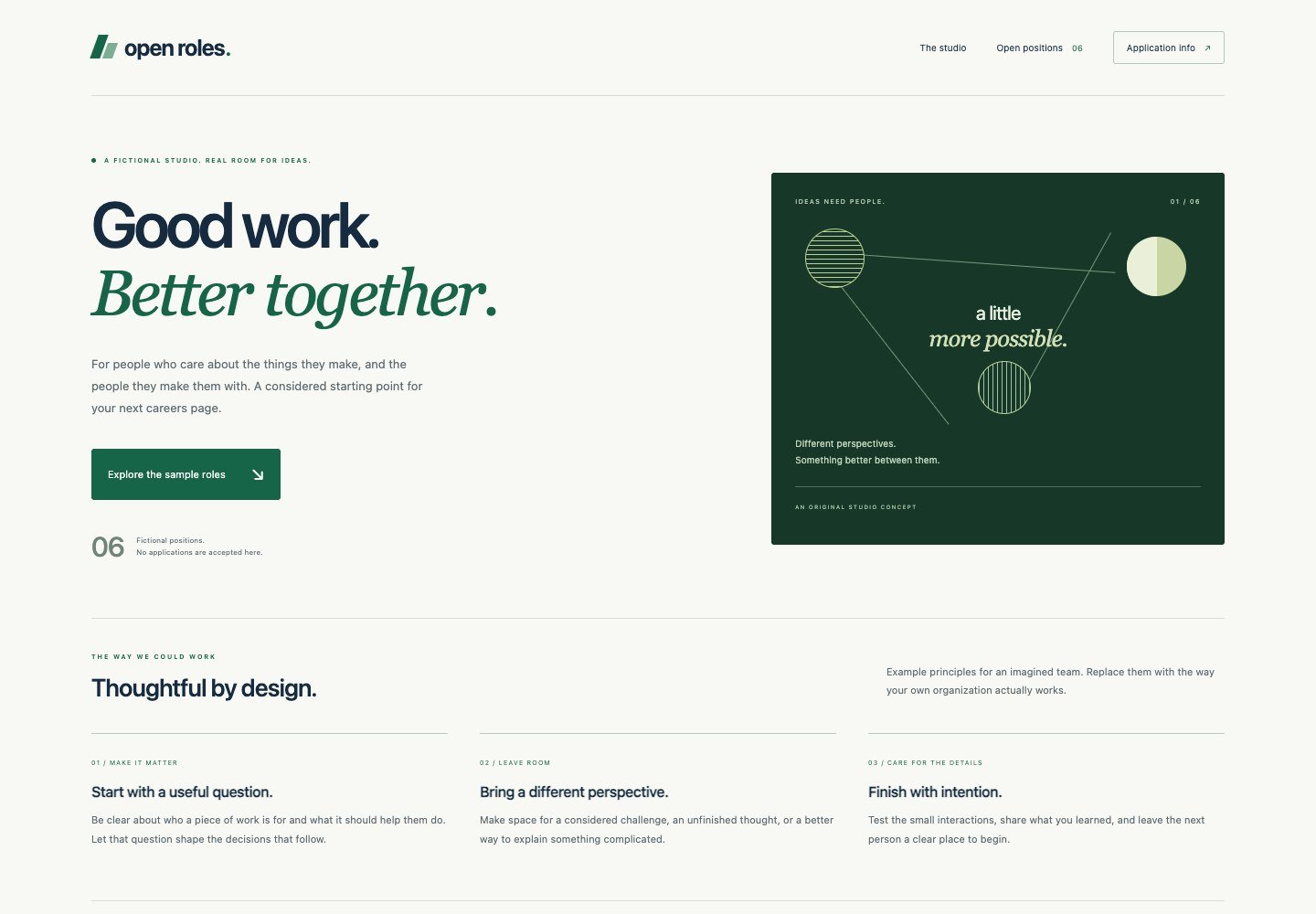Pale careers layout with green accents, a geometric poster, and three columns of team principles.