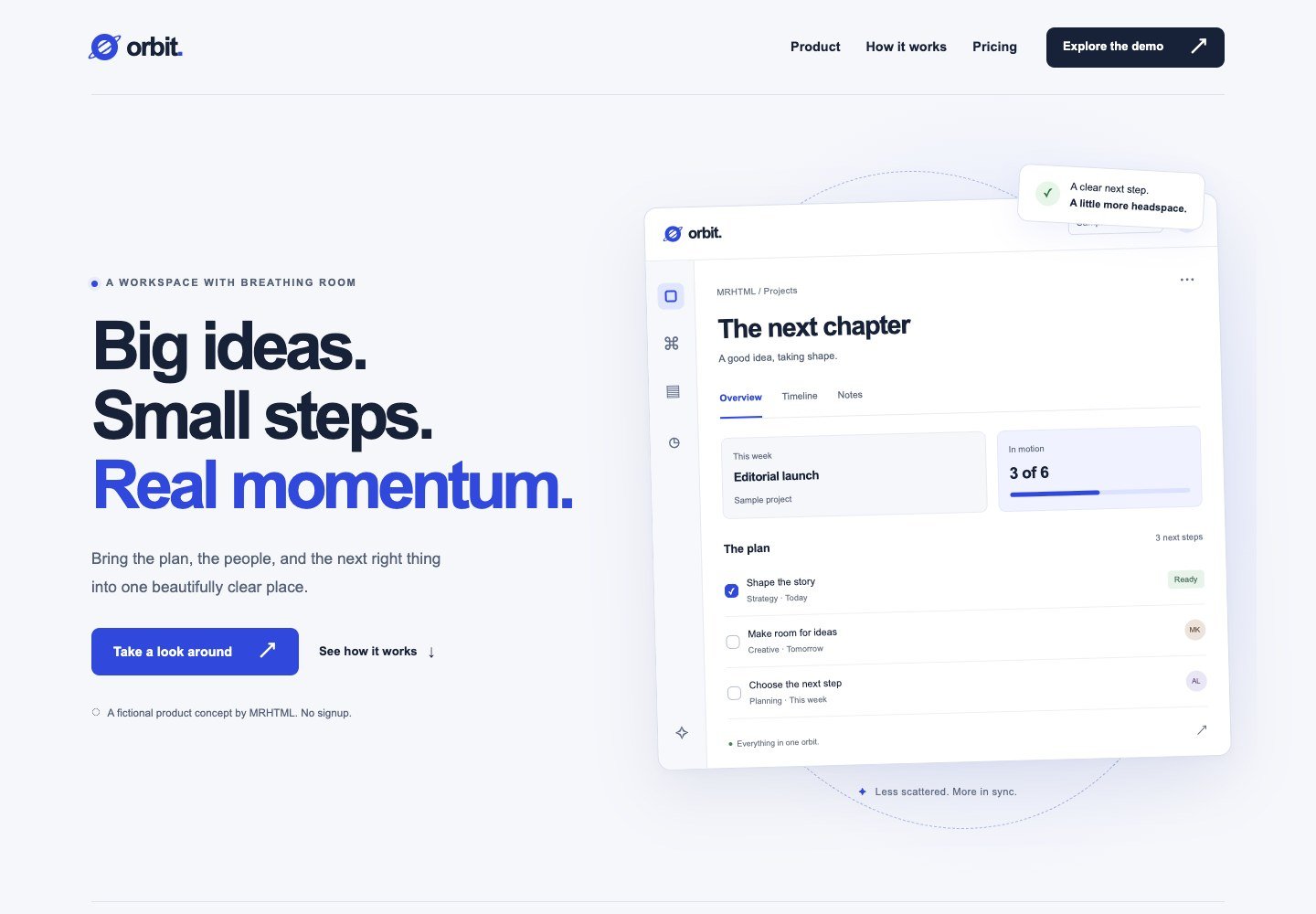 A focused launchpad for a digital product.