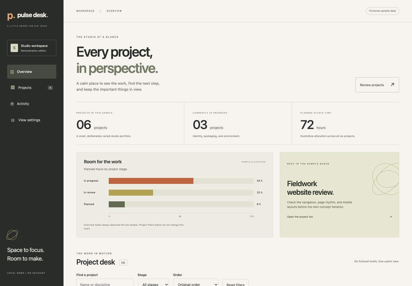Studio dashboard with a dark sidebar, three summary figures, horizontal bars, and a project note card.