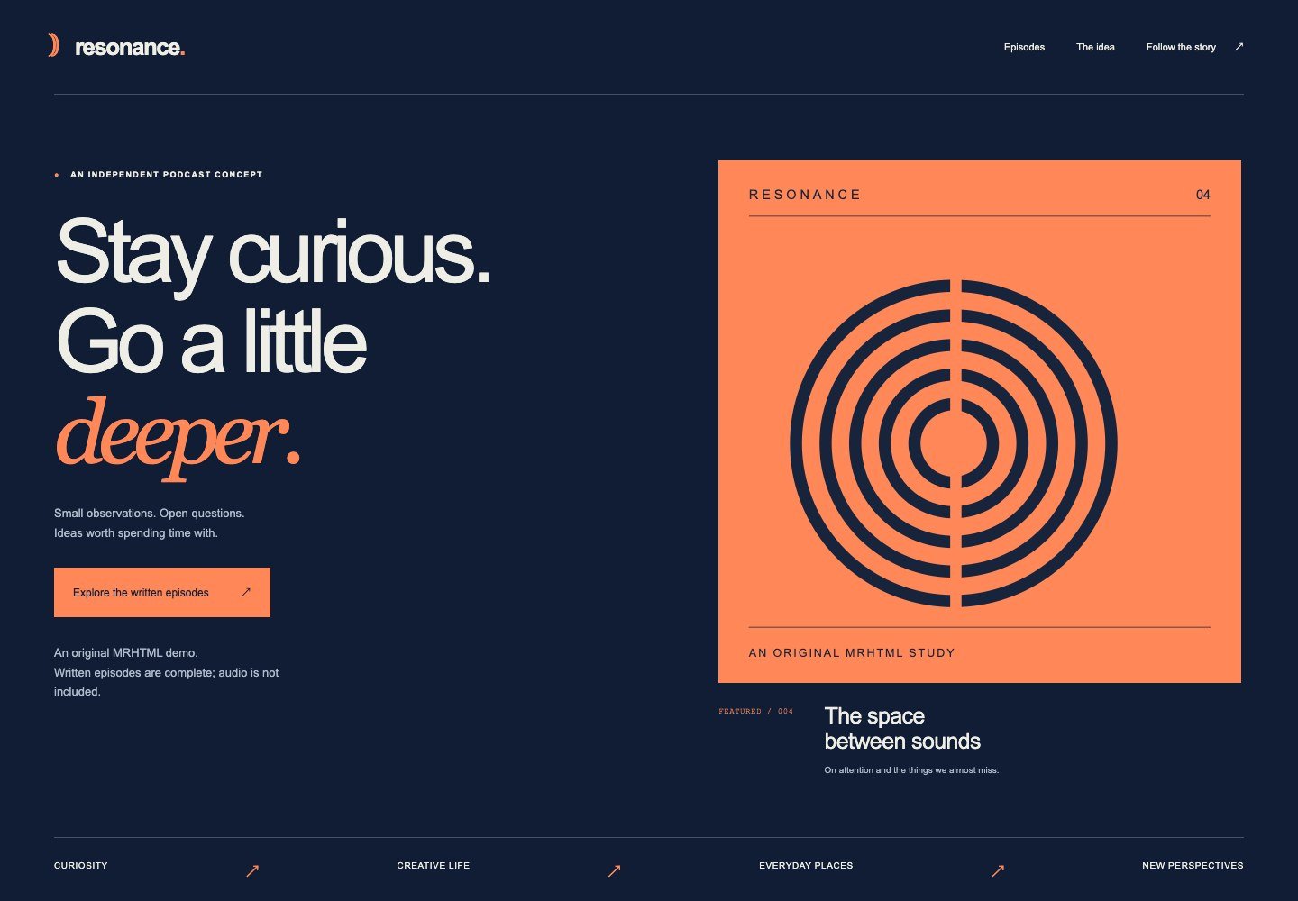 Navy podcast layout with orange accents and square cover artwork made of concentric rings.