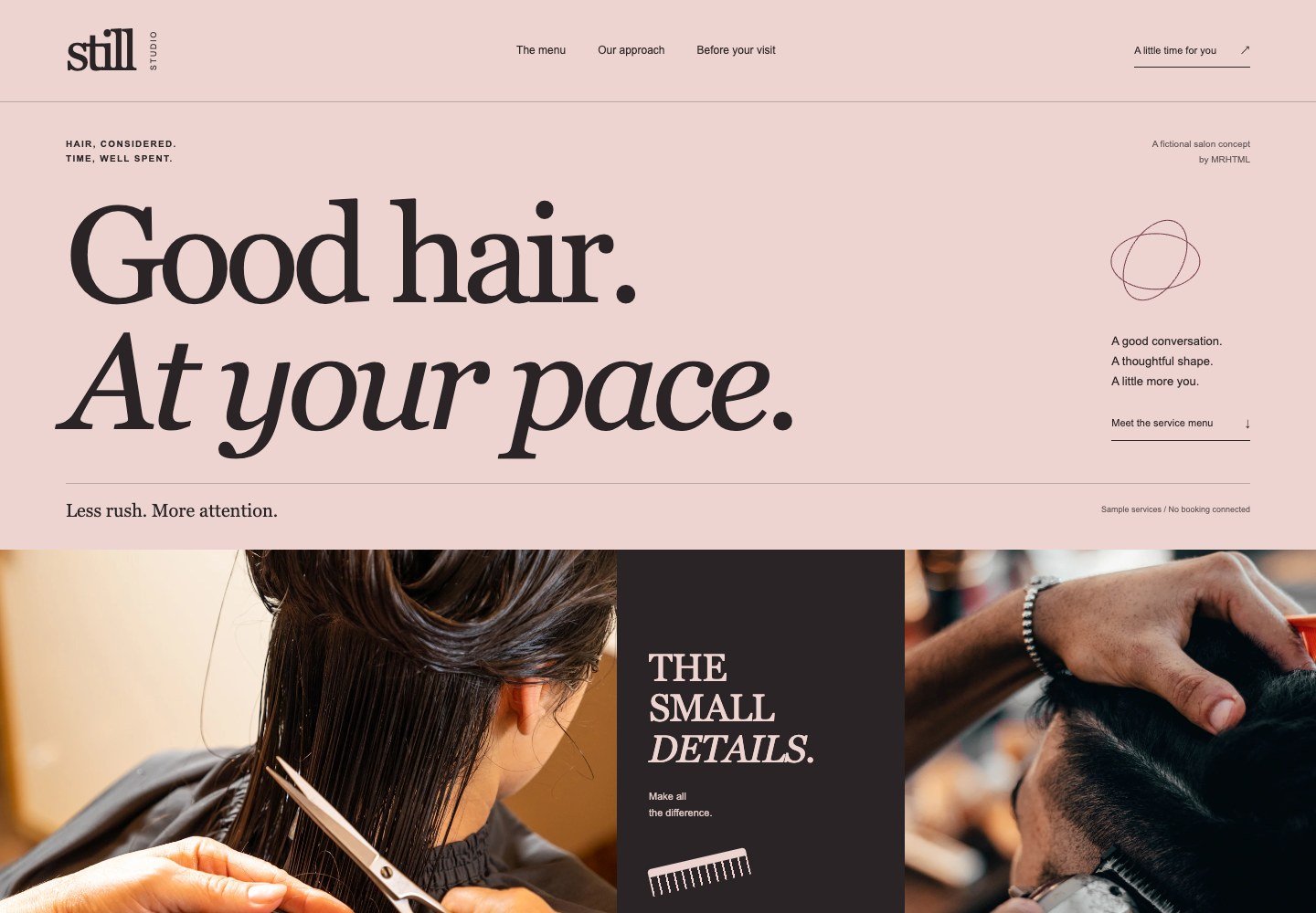 Blush-pink salon layout with oversized serif text above two haircut photographs and a dark center panel.