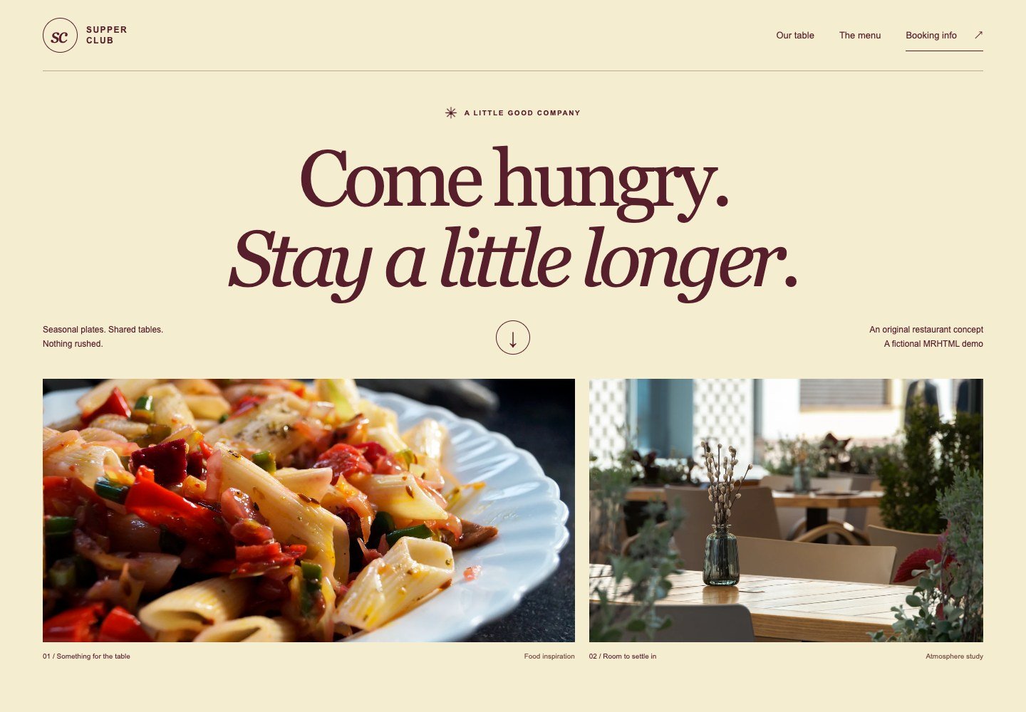 Pale-yellow restaurant layout with a centered burgundy headline above food and dining-room photographs.