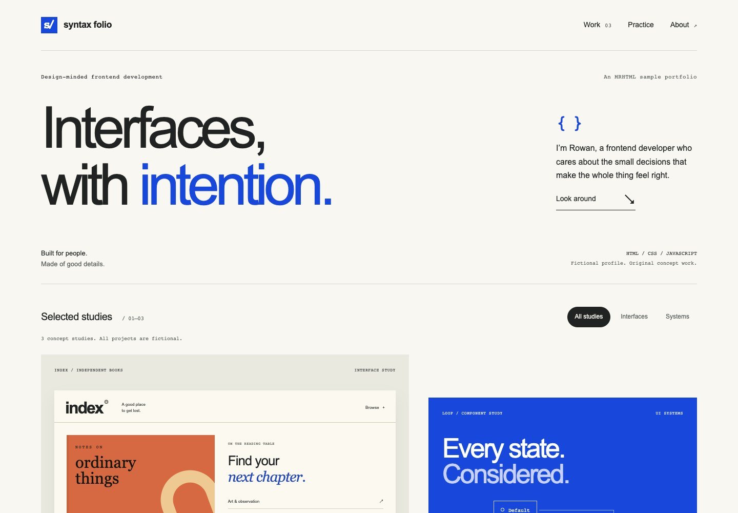 Minimal cream portfolio with a large blue-accented headline above staggered project cards.