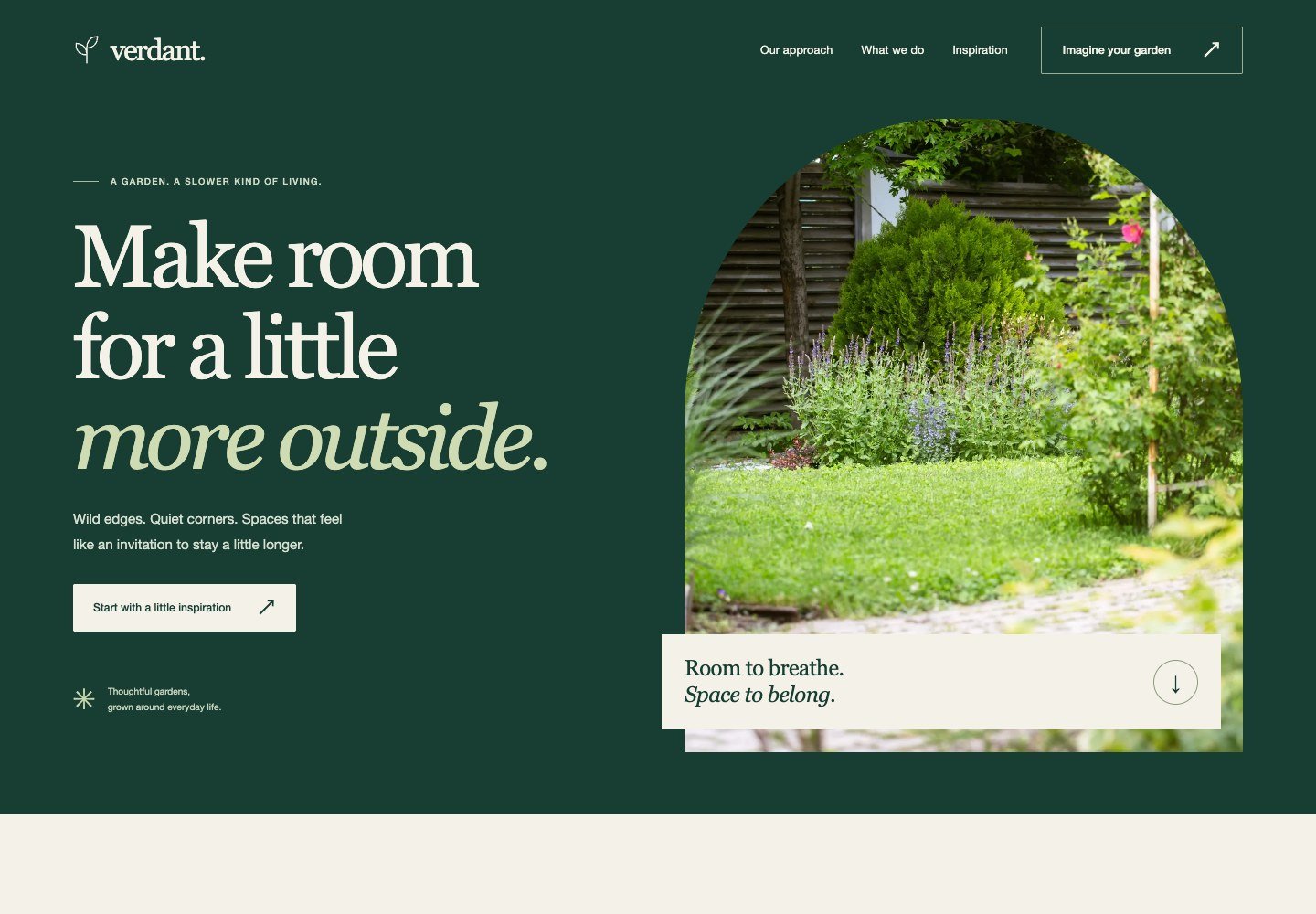 Deep-green layout with cream serif text and an arch-shaped garden photograph.