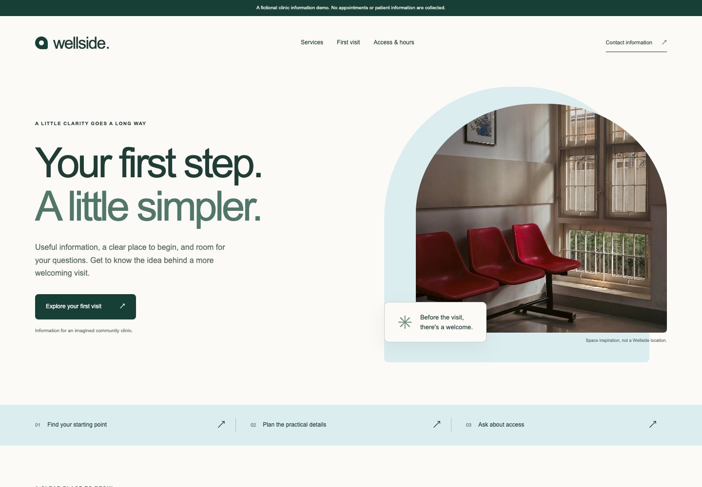 Cream clinic layout with green text, an arched waiting-room photograph, and a pale-blue steps strip.
