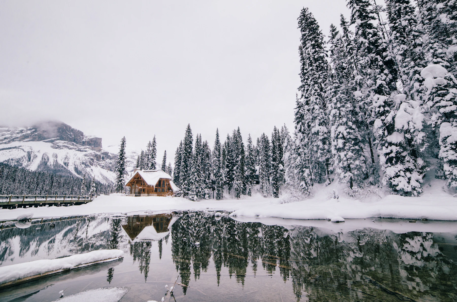 A snow-covered lakeside cabin and pine trees reflected in still water
